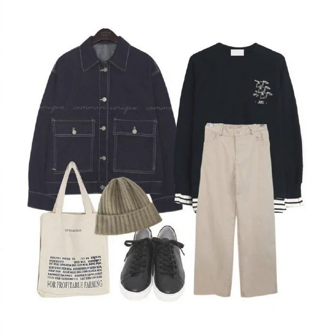 深蓝色牛仔外套，学院风元气搭配