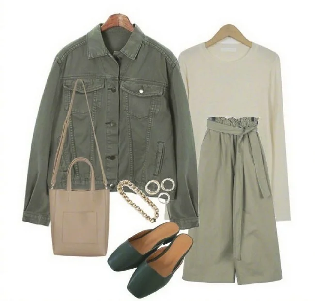 军绿色工装牛仔外套搭配示范